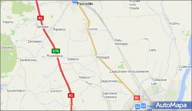 mapa Miłobądz gmina Tczew, Miłobądz gmina Tczew na mapie Targeo