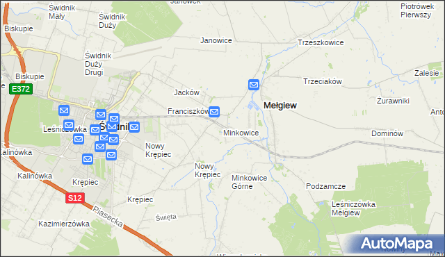 mapa Minkowice gmina Mełgiew, Minkowice gmina Mełgiew na mapie Targeo