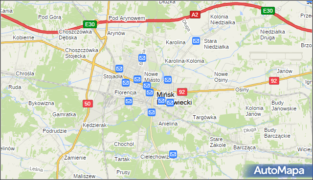 mapa Mińsk Mazowiecki, Mińsk Mazowiecki na mapie Targeo