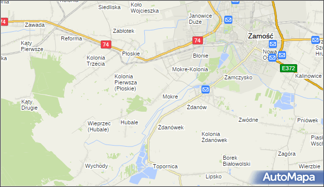 mapa Mokre gmina Zamość, Mokre gmina Zamość na mapie Targeo