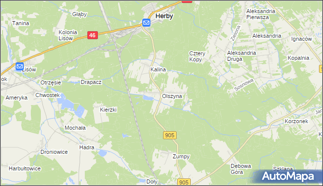 mapa Olszyna gmina Herby, Olszyna gmina Herby na mapie Targeo