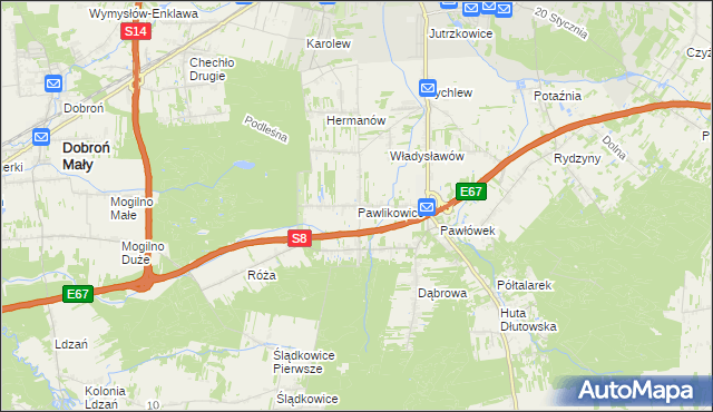 mapa Pawlikowice gmina Pabianice, Pawlikowice gmina Pabianice na mapie Targeo