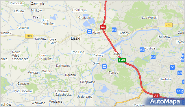 mapa Piekary gmina Liszki, Piekary gmina Liszki na mapie Targeo