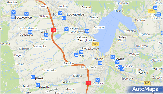 mapa Pietrzykowice gmina Łodygowice, Pietrzykowice gmina Łodygowice na mapie Targeo