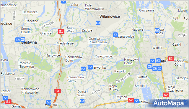 mapa Pisarzowice gmina Wilamowice, Pisarzowice gmina Wilamowice na mapie Targeo
