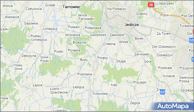 mapa Poręby gmina Jedlicze, Poręby gmina Jedlicze na mapie Targeo