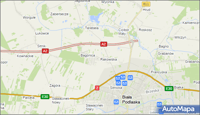 mapa Rakowiska gmina Biała Podlaska, Rakowiska gmina Biała Podlaska na mapie Targeo
