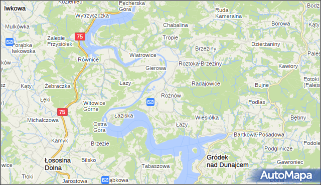mapa Rożnów gmina Gródek nad Dunajcem, Rożnów gmina Gródek nad Dunajcem na mapie Targeo