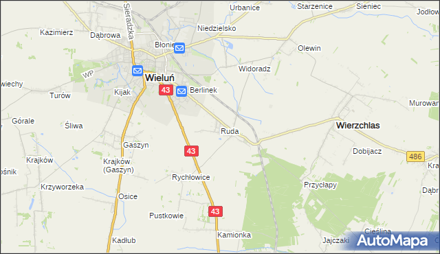 mapa Ruda gmina Wieluń, Ruda gmina Wieluń na mapie Targeo