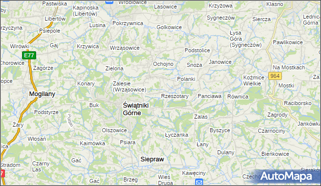 mapa Rzeszotary gmina Świątniki Górne, Rzeszotary gmina Świątniki Górne na mapie Targeo