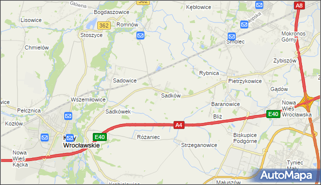 mapa Sadków gmina Kąty Wrocławskie, Sadków gmina Kąty Wrocławskie na mapie Targeo