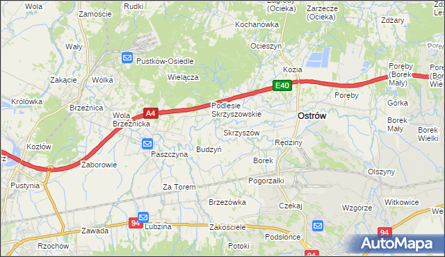 mapa Skrzyszów gmina Ostrów, Skrzyszów gmina Ostrów na mapie Targeo