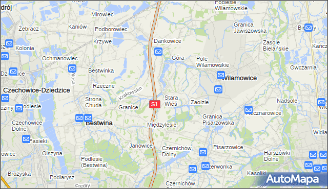 mapa Stara Wieś gmina Wilamowice, Stara Wieś gmina Wilamowice na mapie Targeo