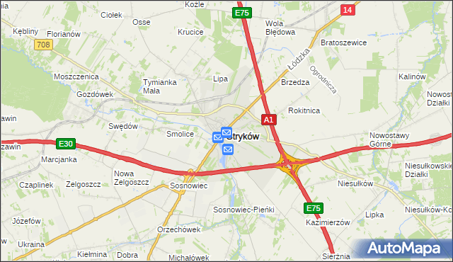 mapa Stryków powiat zgierski, Stryków powiat zgierski na mapie Targeo