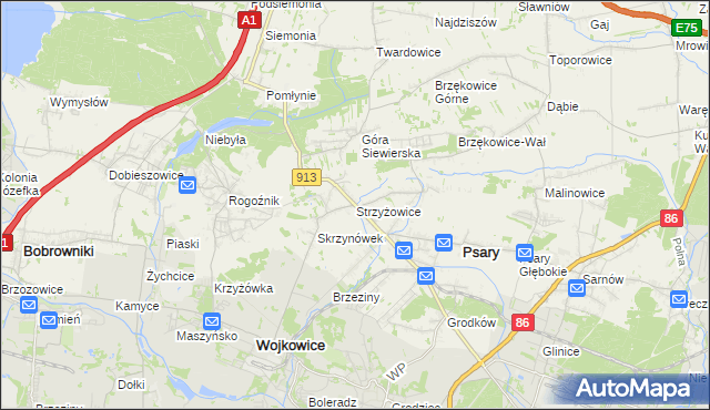 mapa Strzyżowice gmina Psary, Strzyżowice gmina Psary na mapie Targeo