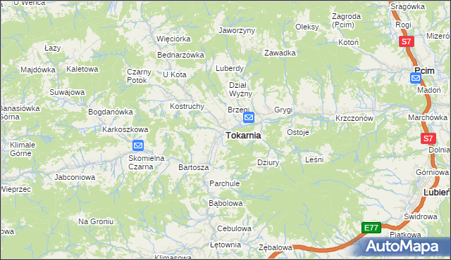 mapa Tokarnia powiat myślenicki, Tokarnia powiat myślenicki na mapie Targeo