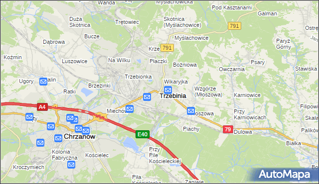 mapa Trzebinia powiat chrzanowski, Trzebinia powiat chrzanowski na mapie Targeo