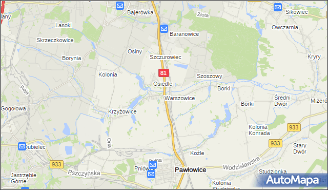 mapa Warszowice, Warszowice na mapie Targeo