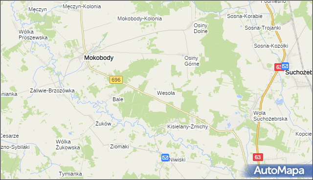 mapa Wesoła gmina Mokobody, Wesoła gmina Mokobody na mapie Targeo