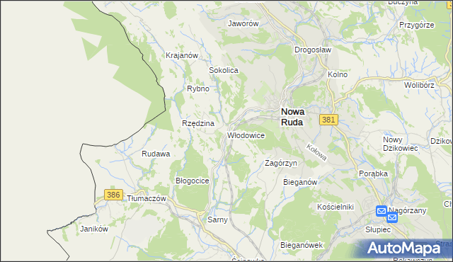 mapa Włodowice gmina Nowa Ruda, Włodowice gmina Nowa Ruda na mapie Targeo