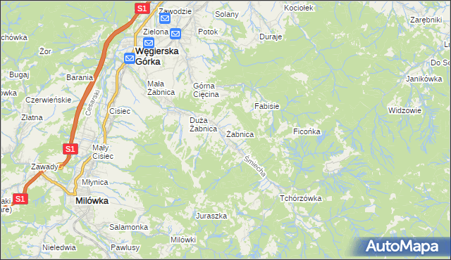 mapa Żabnica gmina Węgierska Górka, Żabnica gmina Węgierska Górka na mapie Targeo