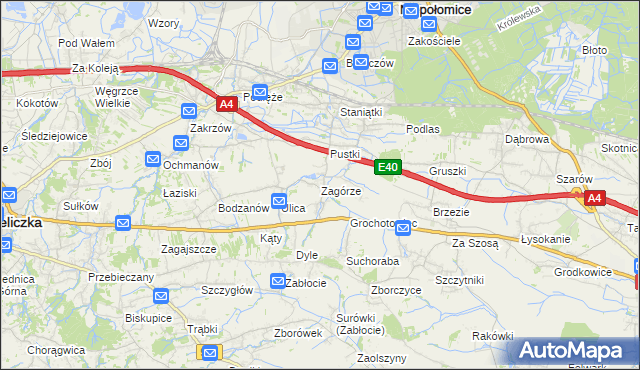 mapa Zagórze gmina Niepołomice, Zagórze gmina Niepołomice na mapie Targeo