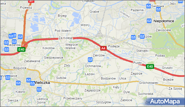 mapa Zakrzów gmina Niepołomice, Zakrzów gmina Niepołomice na mapie Targeo
