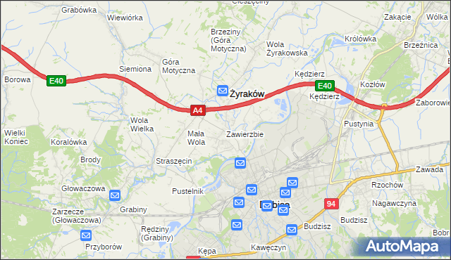 mapa Zawierzbie gmina Żyraków, Zawierzbie gmina Żyraków na mapie Targeo