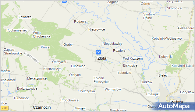 mapa Złota powiat pińczowski, Złota powiat pińczowski na mapie Targeo