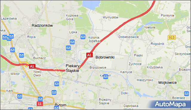 mapa Bobrowniki powiat będziński, Bobrowniki powiat będziński na mapie Targeo