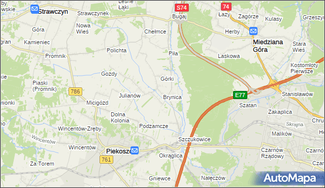 mapa Brynica gmina Piekoszów, Brynica gmina Piekoszów na mapie Targeo