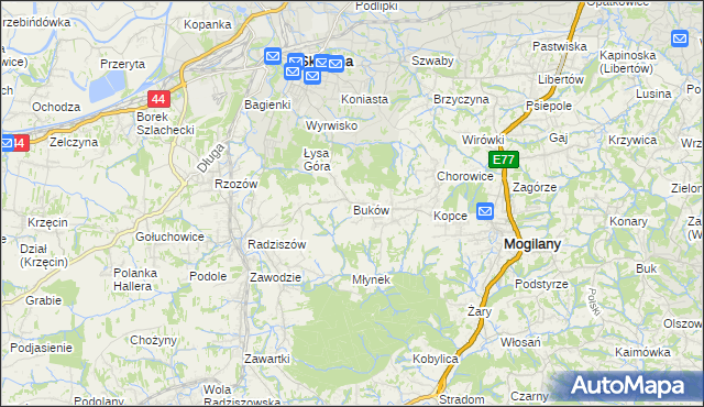 mapa Buków gmina Mogilany, Buków gmina Mogilany na mapie Targeo