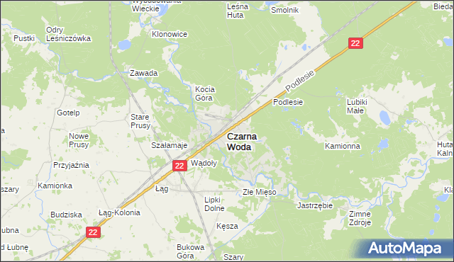 mapa Czarna Woda powiat starogardzki, Czarna Woda powiat starogardzki na mapie Targeo
