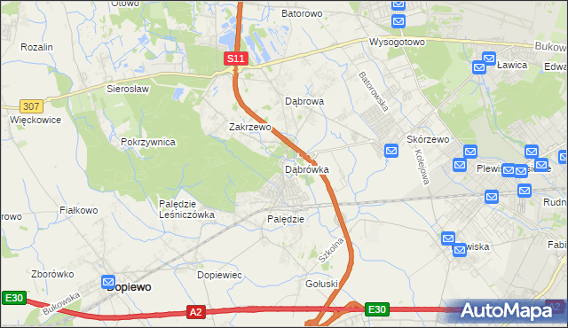 mapa Dąbrówka gmina Dopiewo, Dąbrówka gmina Dopiewo na mapie Targeo