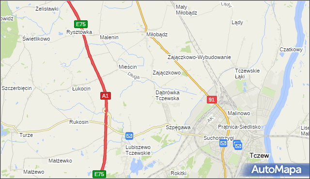mapa Dąbrówka Tczewska, Dąbrówka Tczewska na mapie Targeo