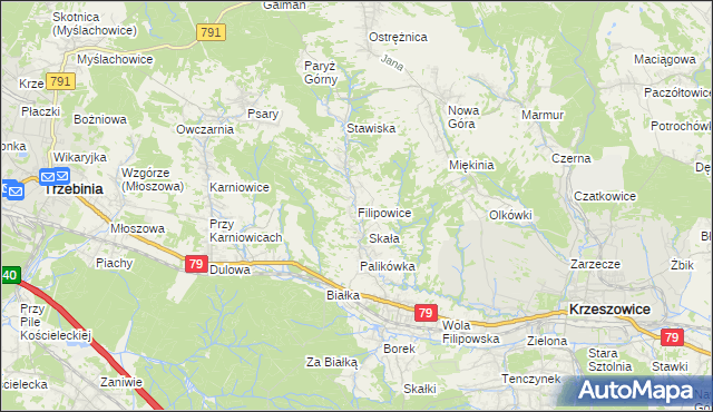 mapa Filipowice gmina Krzeszowice, Filipowice gmina Krzeszowice na mapie Targeo