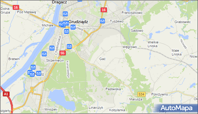 mapa Gać gmina Grudziądz, Gać gmina Grudziądz na mapie Targeo