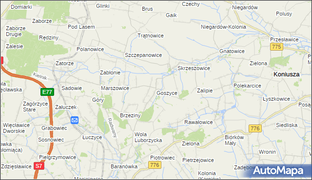 mapa Goszyce gmina Kocmyrzów-Luborzyca, Goszyce gmina Kocmyrzów-Luborzyca na mapie Targeo