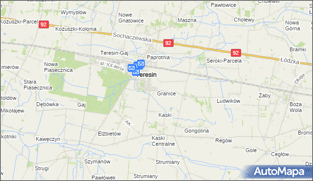 mapa Granice gmina Teresin, Granice gmina Teresin na mapie Targeo