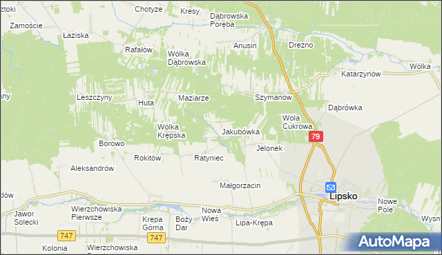 mapa Jakubówka gmina Lipsko, Jakubówka gmina Lipsko na mapie Targeo