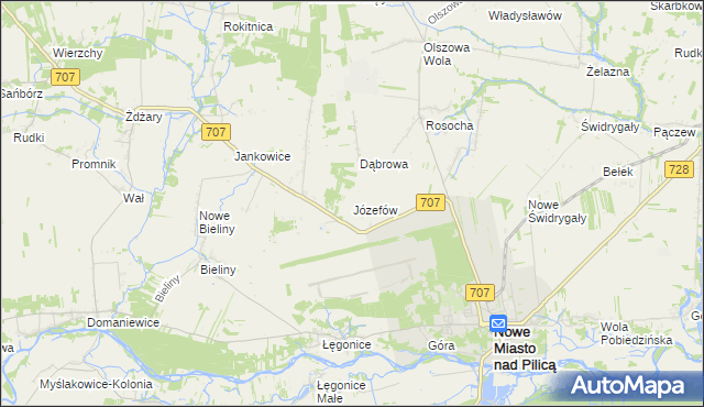 mapa Józefów gmina Nowe Miasto nad Pilicą, Józefów gmina Nowe Miasto nad Pilicą na mapie Targeo