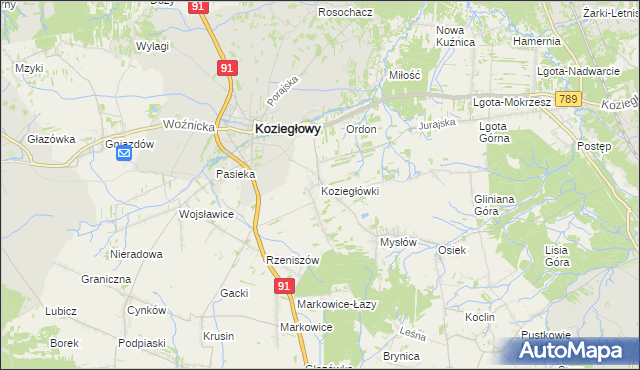 mapa Koziegłówki, Koziegłówki na mapie Targeo
