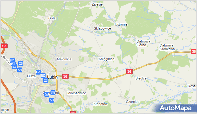 mapa Księginice gmina Lubin, Księginice gmina Lubin na mapie Targeo