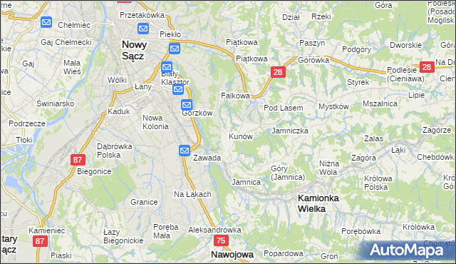 mapa Kunów gmina Chełmiec, Kunów gmina Chełmiec na mapie Targeo