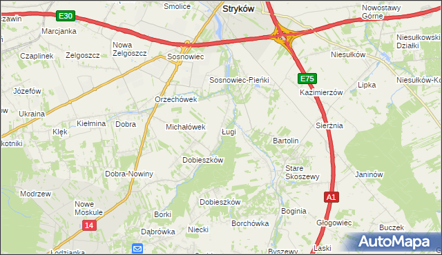 mapa Ługi gmina Stryków, Ługi gmina Stryków na mapie Targeo