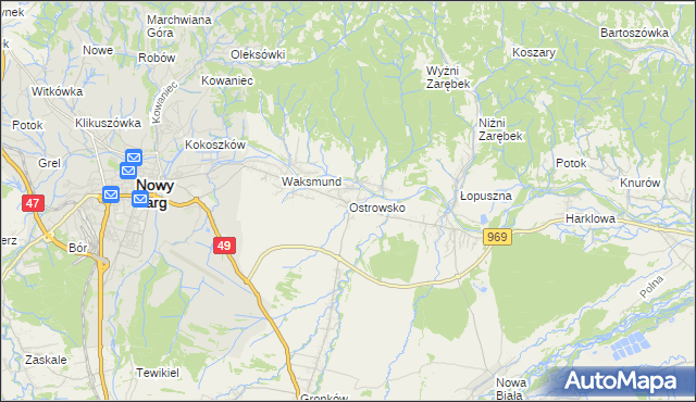 mapa Ostrowsko gmina Nowy Targ, Ostrowsko gmina Nowy Targ na mapie Targeo