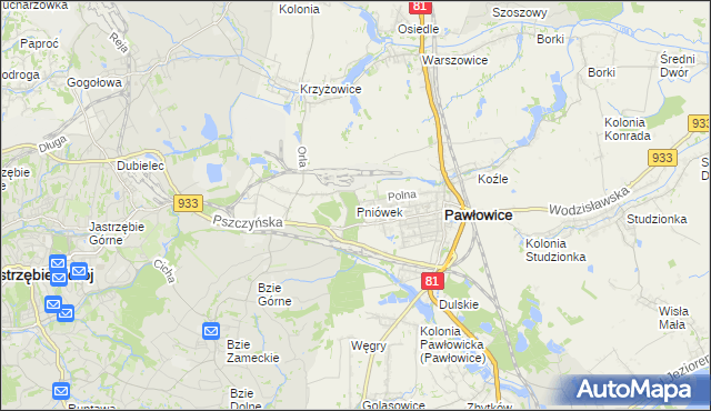 mapa Pniówek gmina Pawłowice, Pniówek gmina Pawłowice na mapie Targeo
