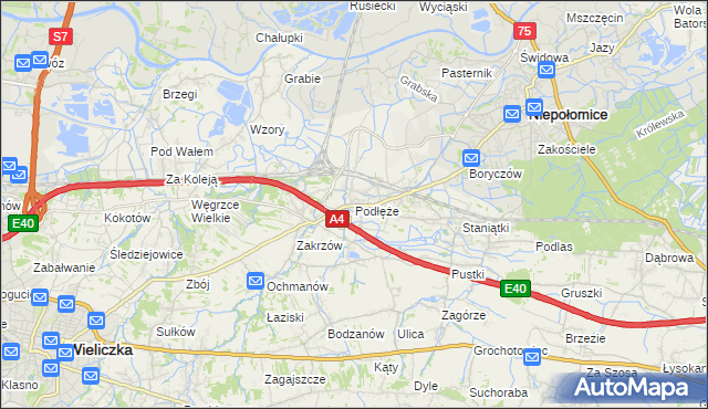 mapa Podłęże gmina Niepołomice, Podłęże gmina Niepołomice na mapie Targeo