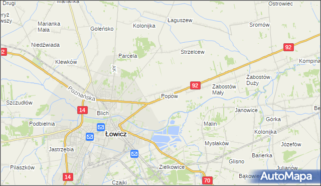mapa Popów gmina Łowicz, Popów gmina Łowicz na mapie Targeo