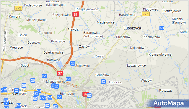 mapa Prusy gmina Kocmyrzów-Luborzyca, Prusy gmina Kocmyrzów-Luborzyca na mapie Targeo